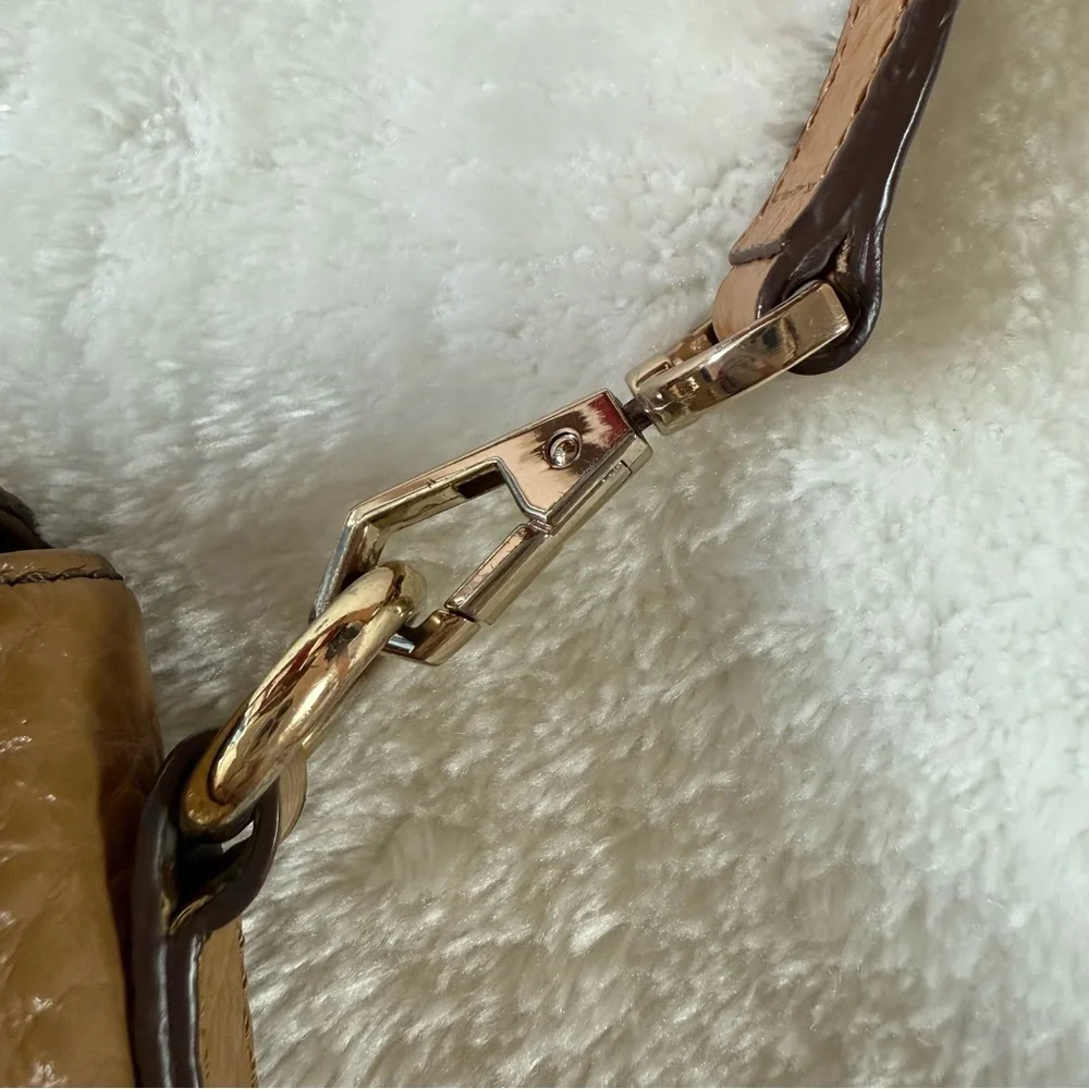 DKNY Tan Genuine Leather and Fabric Crossbody Handbag